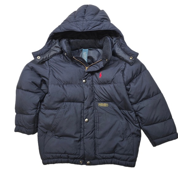 Polo Ralph Lauren Puffer‎ Jacket Kids Size 4T Navy Blue Hooded Red Pony